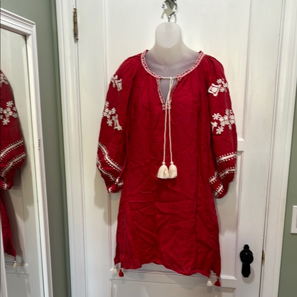Benaras by Citrus red linen embroidered dress swim cover small